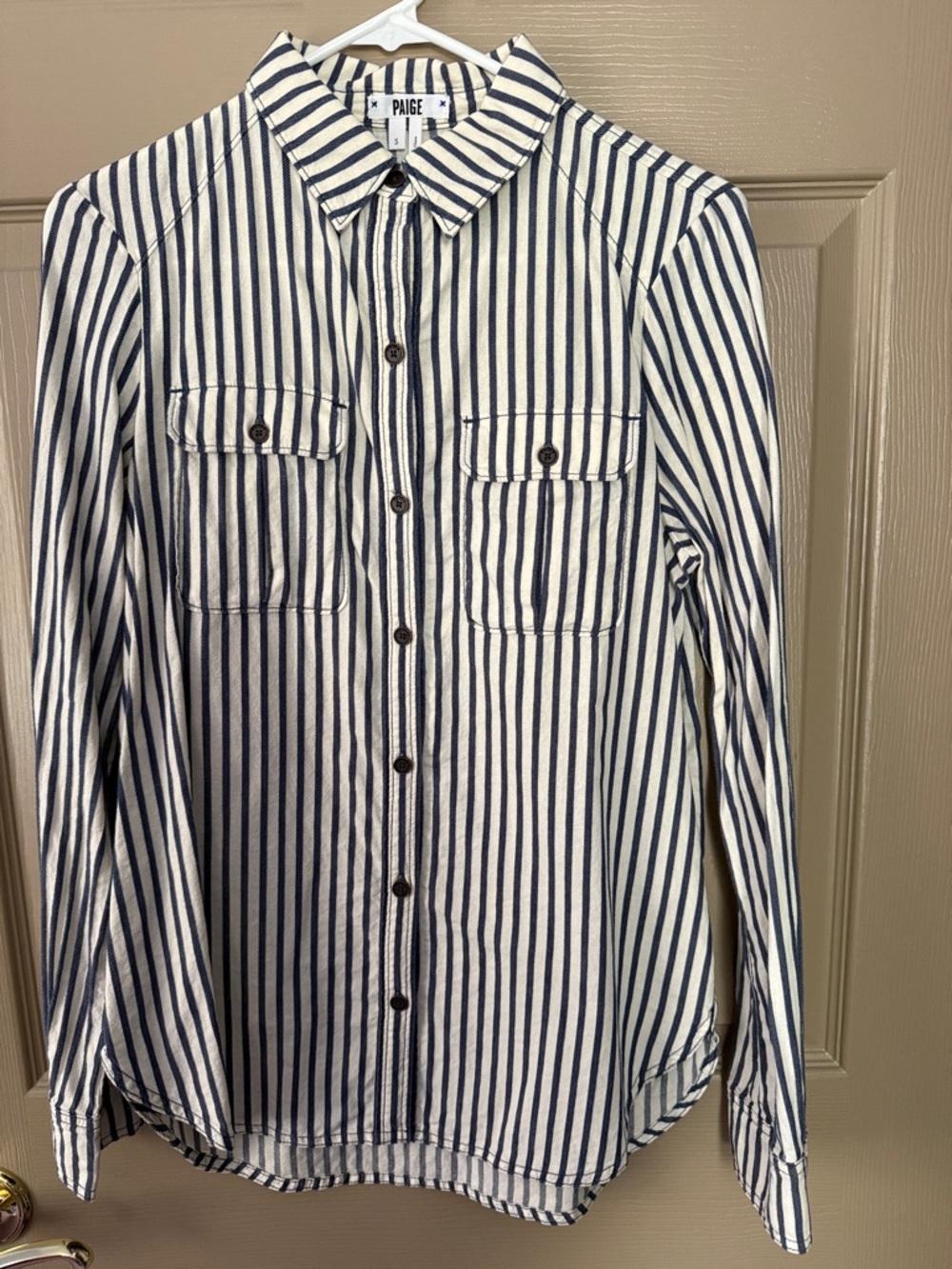 PAIGE White and Navy Striped Button-Down Shirt